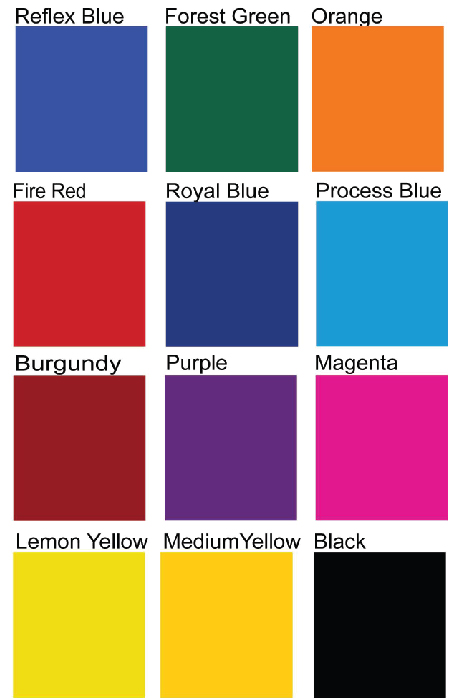 Available Colours Red Reflex Blue Royal Blue Black Purple Magenta Process Blue Burgundy Green Yellow Orange